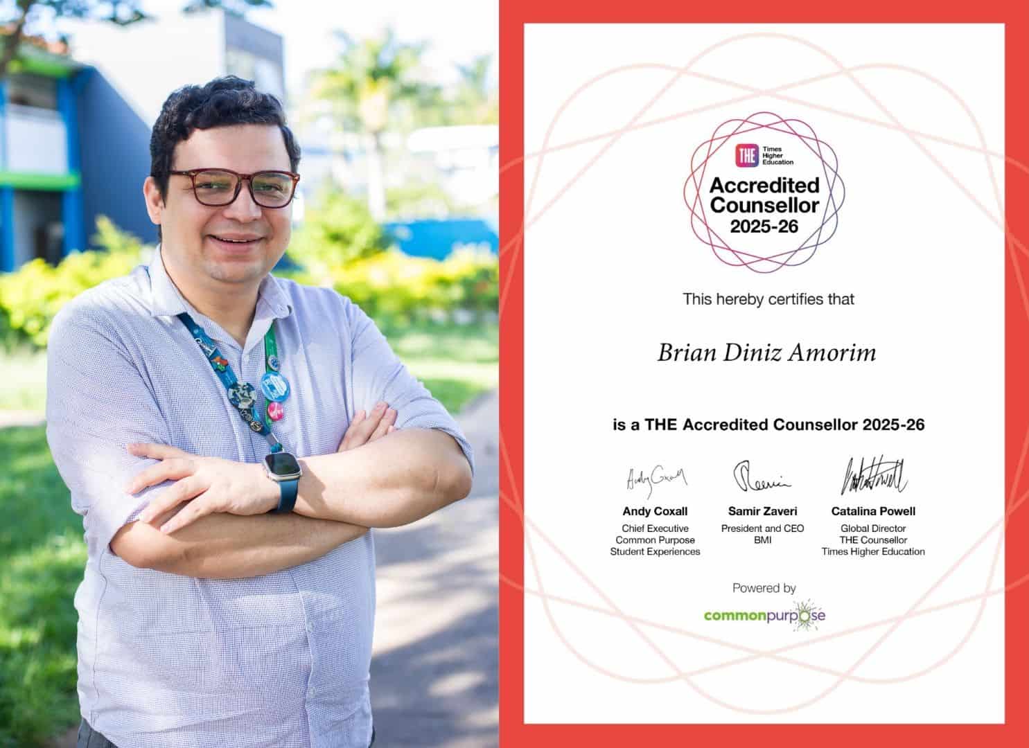 inserir aqui Brian Diniz Amorim, conselheiro THE Accredited 2025-26, sorrindo com seu certificado de Times Higher Education.