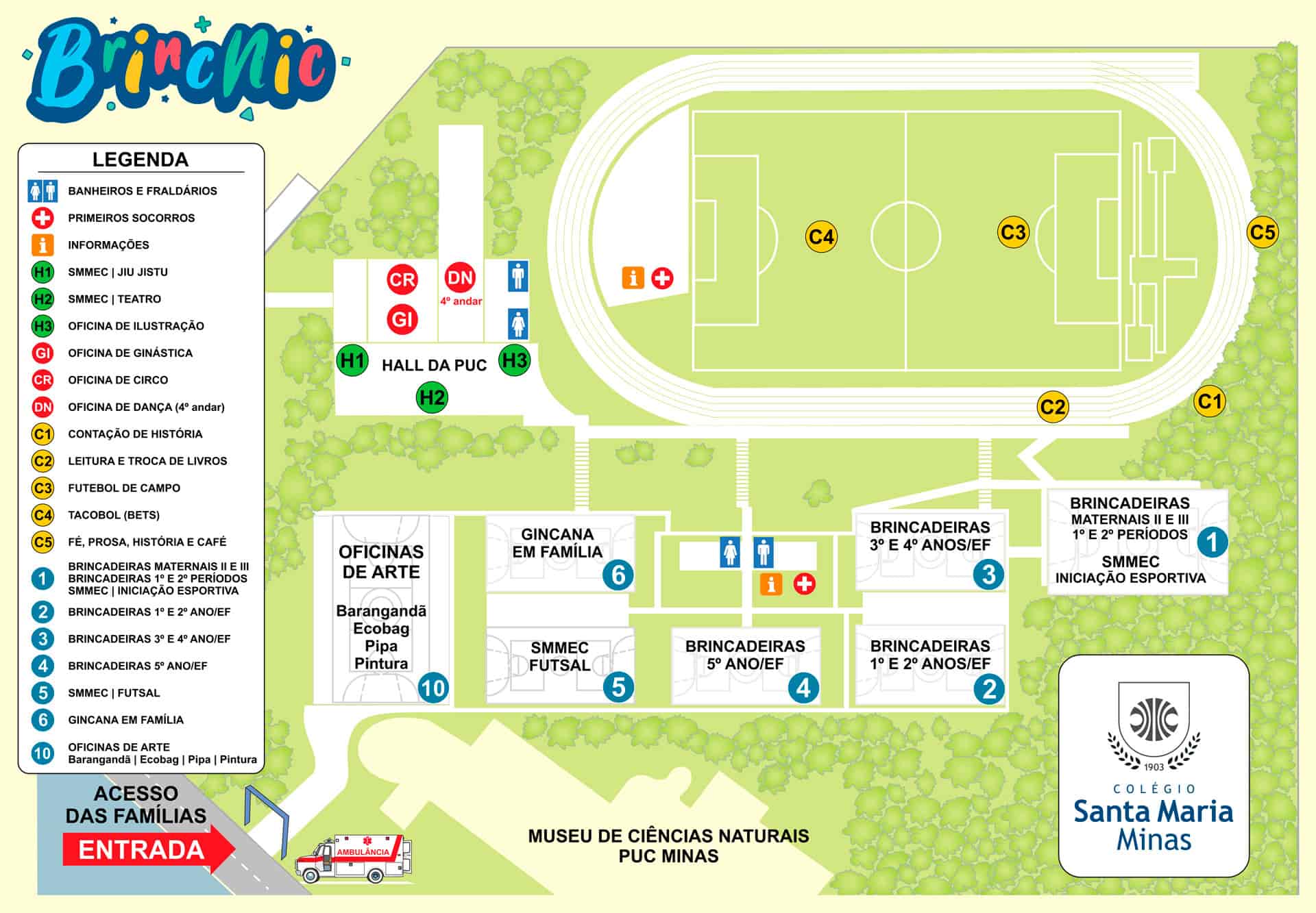 Mapa do Brincnic Mapa do Complexo Esportivo da PUC Minas, com a programação do Brincnic.